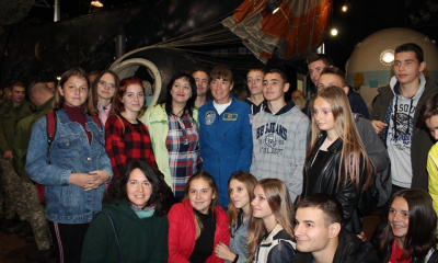 In the museum of cosmonautics, meeting with a female astronaut